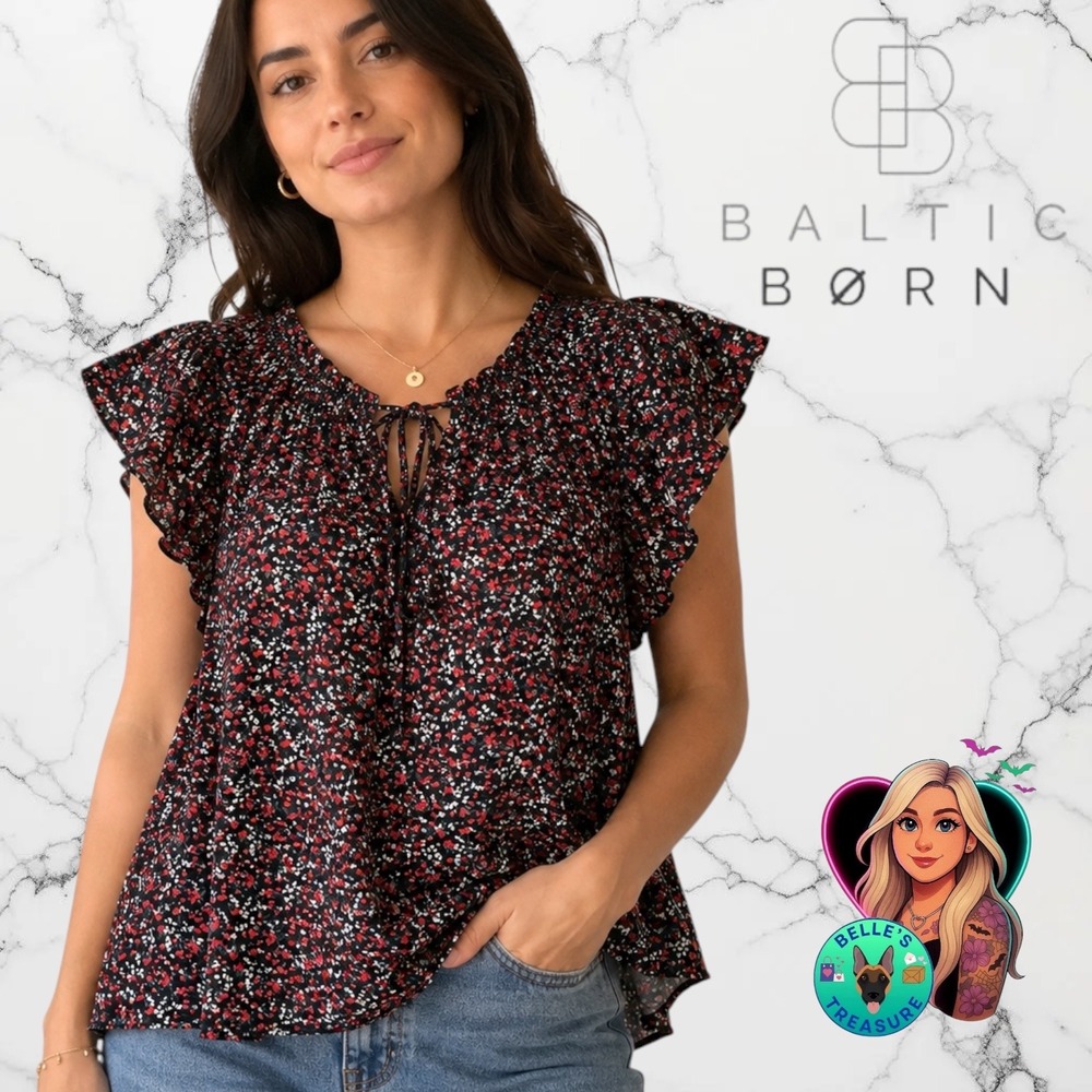 Baltic Born Women's XL Jude Boho Top Black Red Floral‎ Flutter Sleeve Blouse NEW